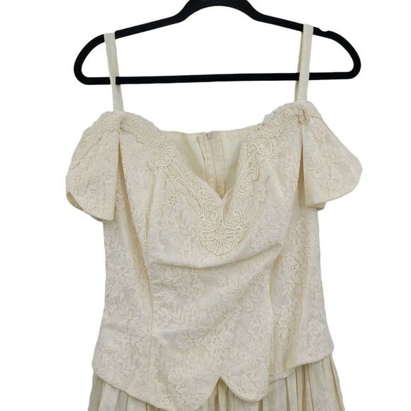 Vintage 80s Off Shoulder Full Maxi Dress M Vanilla Lace Bodice Prom Wedding - Picture 8 of 11